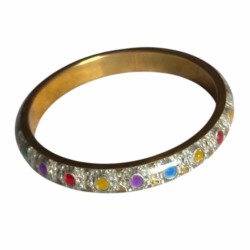 Vintage 1950s Lucite Confetti Bangle Bracelet Multicolor Rhinestone Brass Cuff